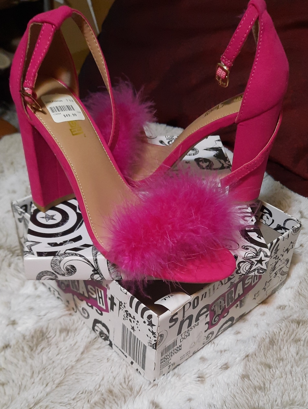 NWT Fuchsia Feather Open-Toe Block High Heel Sandals Women Size 7.5 By BRASH